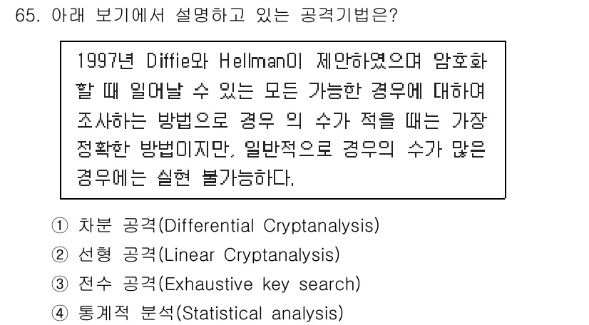 정보보안기사 2018년 65번 - 전자 공극(Exhaustive Key Search)은 특정 키를 찾기 위... 에 관한 핵심 기출문제
