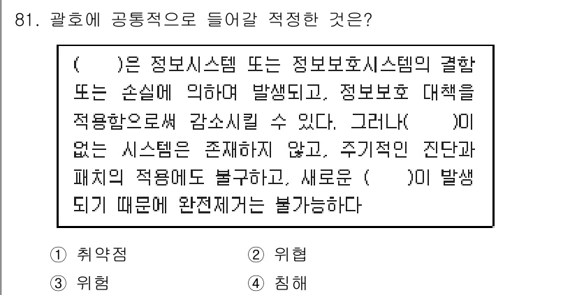 정보보안기사 2018년 81번 - 정보 보안 시스템의 결함은 시스템의 취약점이나 위협으로 인해 발생할 수 ... 에 관한 핵심 기출문제