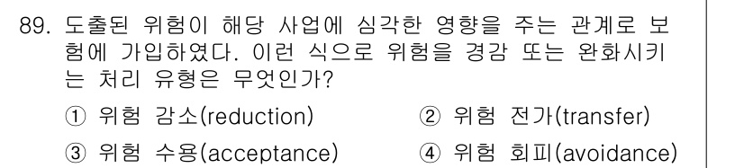 정보보안기사 2018년 89번 - 정답은 2번 전가(transfer)입니다. 도출된 위험이 사업에 미치는 ... 에 관한 핵심 기출문제