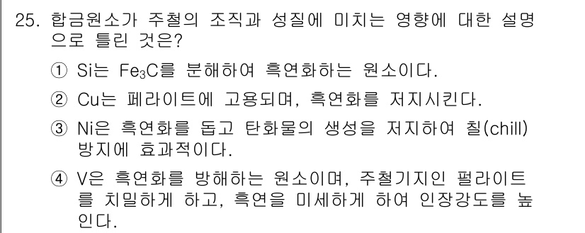 금속재료기사 2021년 25번 - 구리(Cu)가 페라이트에 고정되면서 흑연화가 저지되는 과정은 금속 재료에... 에 관한 핵심 기출문제