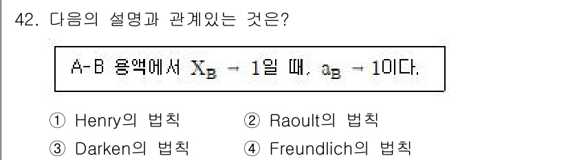 금속재료기사 2021년 43번 - 정답은 1번 Henry의 법칙입니다. Henry의 법칙은 희석된 용액에서... 에 관한 핵심 기출문제