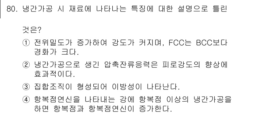 금속재료기사 2021년 81번 - 냉간가공 시 재료의 특성에서 FCC(Face-Centered Cubic)... 에 관한 핵심 기출문제