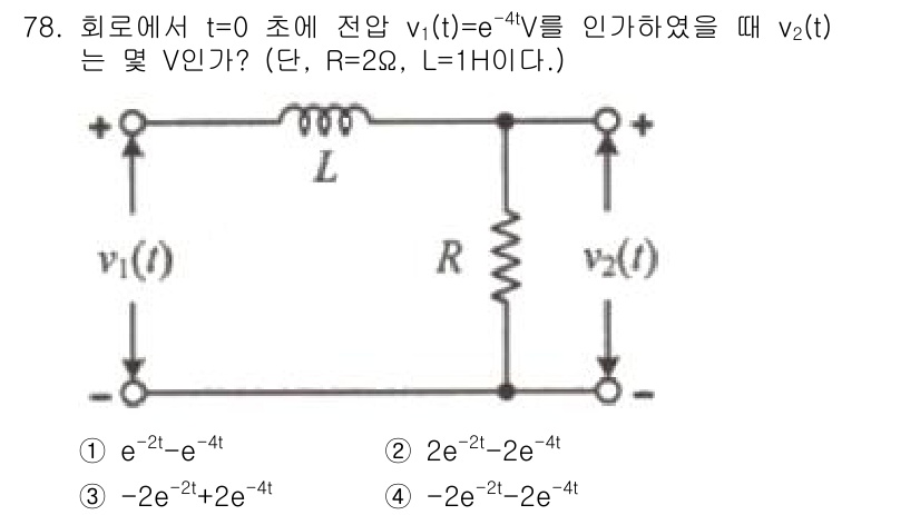전기기사_필기 2021년 78번 - 주어진 회로에서 전압 \( v_1(t) = e^{-4t} \)가 입력되면... 에 관한 핵심 기출문제