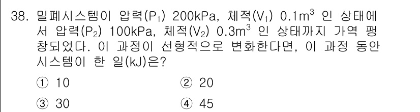 농업기계기사 2021년 38번 - 질문에서 주어진 시스템의 압력 변화와 부피 변화에 따라 열역학 제1법칙을... 에 관한 핵심 기출문제