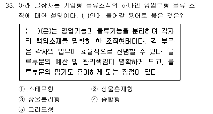 유통관리사_1급 2021년 34번 - 정답은 5번 '조정형'입니다. 조정형 물류는 다양한 책임소재와 역할을 통... 에 관한 핵심 기출문제