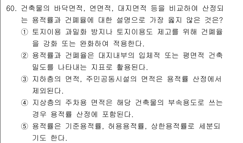 유통관리사_1급 2021년 62번 - 정답 3번은 지하층의 면적, 주민공동시설의 면적 등 특정 용적률 산정에서... 에 관한 핵심 기출문제