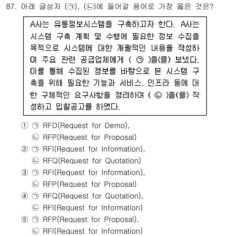 유통관리사_1급 2021년 89번 - 정답이 4인 이유는, RFI(Request for Information)... 에 관한 핵심 기출문제