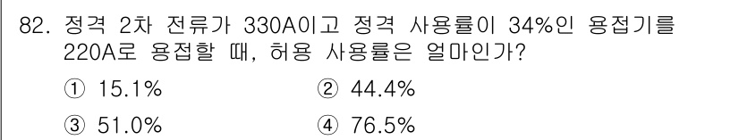 용접기사 2021년 82번 - 주어진 정보를 통해 전류와 용접기의 정격 용량을 비교하여 사용률을 계산할... 에 관한 핵심 기출문제