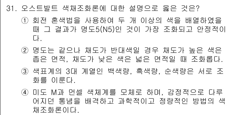 멀티미디어콘텐츠제작전문가(구) 2021년 31번 - . 

오스트레이트 색채화론은 색의 명도, 채도, 색상을 기반으로 색의 ... 에 관한 핵심 기출문제