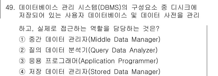 멀티미디어콘텐츠제작전문가 2021년 49번 - . 

데이터베이스 관리 시스템에서 데이터의 저장과 관리를 책임지는 역할... 에 관한 핵심 기출문제