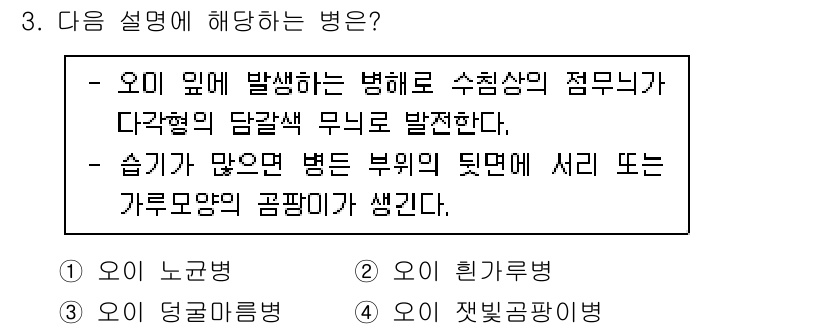 식물보호기사 2021년 3번 - 이 병은 오이 잎에 발생하며, 수출상의 점무니가 다각형의 담갈색 무늬로 ... 에 관한 핵심 기출문제
