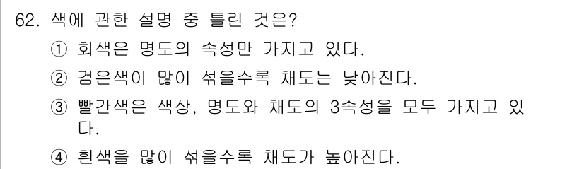 컬러리스트기사 2021년 62번 - 흰색은 명도와 채도가 높아 색의 밝기를 증가시키고, 검은색은 명도가 낮아... 에 관한 핵심 기출문제