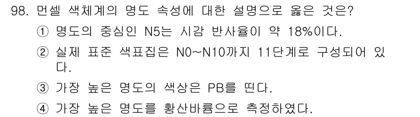 컬러리스트기사 2021년 98번 - N5의 시감 반사율은 약 18%로, 이는 주어진 색의 명도와 연결되어 있... 에 관한 핵심 기출문제