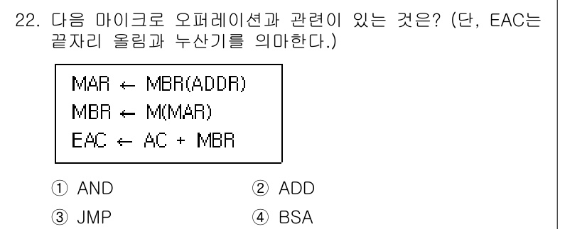 컴퓨터시스템기사(B형) 2021년 22번 - 정답 2번(ADD)은 마이크로 프로그램에서 메모리 주소 등록기(MAR)와... 에 관한 핵심 기출문제