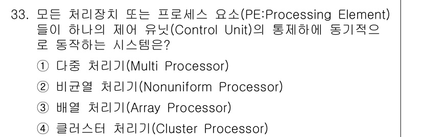 컴퓨터시스템기사(B형) 2021년 33번 - 정답은 3번 배렬 처리기(Array Processor)입니다. 배렬 처리... 에 관한 핵심 기출문제