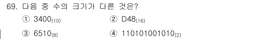 컴퓨터시스템기사(B형) 2021년 69번 - 다른 수들과 달리 110101001010(₂)는 이진수로 표현된 수로, ... 에 관한 핵심 기출문제