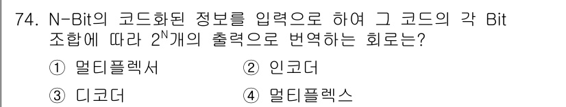 컴퓨터시스템기사(B형) 2021년 74번 - 정답은 3번 디코더입니다. N-Bit 코드를 입력받아 2의 N 제곱 만큼... 에 관한 핵심 기출문제