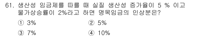 직업상담사_2급 2021년 61번 - 생산성 임금제를 적용할 때, 명목임금의 인상분은 생산성 증가율과 물가상승... 에 관한 핵심 기출문제