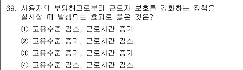 직업상담사_2급 2021년 69번 - . 고용수준 감수, 근로시간 증가  
이유: 사용자 보호 정책을 강화하면... 에 관한 핵심 기출문제