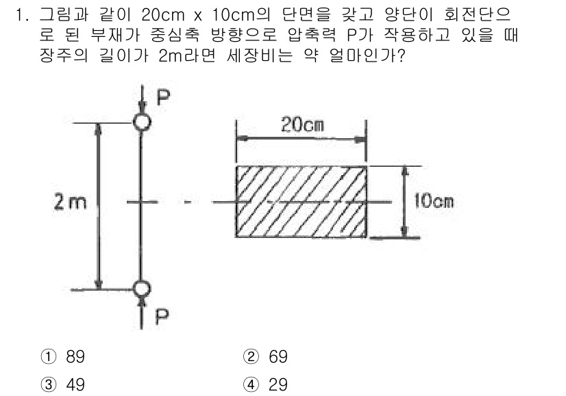 일반기계기사 2021년 1번 - 장주기의 길이를 구하기 위해서는 주어진 압축력 P와 짧은 면적을 이용해 ... 에 관한 핵심 기출문제