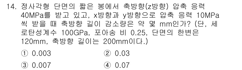 일반기계기사 2021년 14번 - 정답 4번으로, 압축기계에서 주어지는 응력에 따라 축 방향 길이의 변화를... 에 관한 핵심 기출문제
