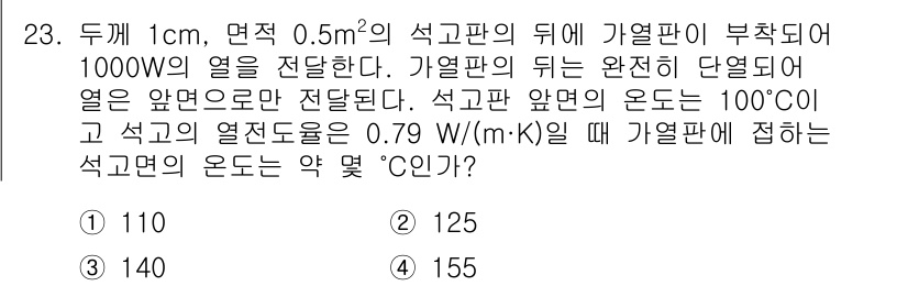 일반기계기사 2021년 23번 - 열전달 문제에서 가열판의 뒤쪽 온도가 100°C로 고정되어 있고, 열전도... 에 관한 핵심 기출문제