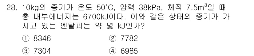 일반기계기사 2021년 28번 - 문제에서 주어진 상태의 엔탈피는 다음의 관계식을 통해 구합니다. 

주어... 에 관한 핵심 기출문제