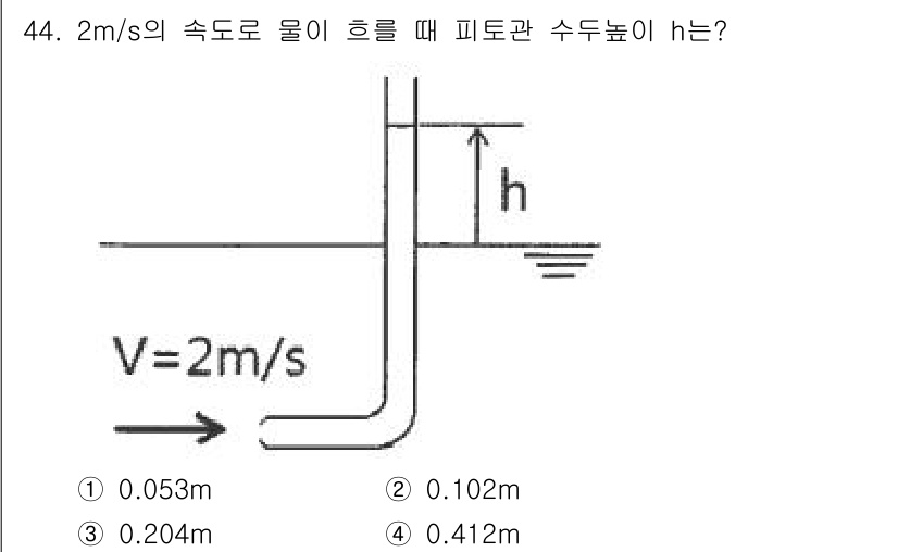 일반기계기사 2021년 44번 - 해당 문제는 피토관의 수두 차이를 계산하는 것으로, 베르누이 방정식을 적... 에 관한 핵심 기출문제