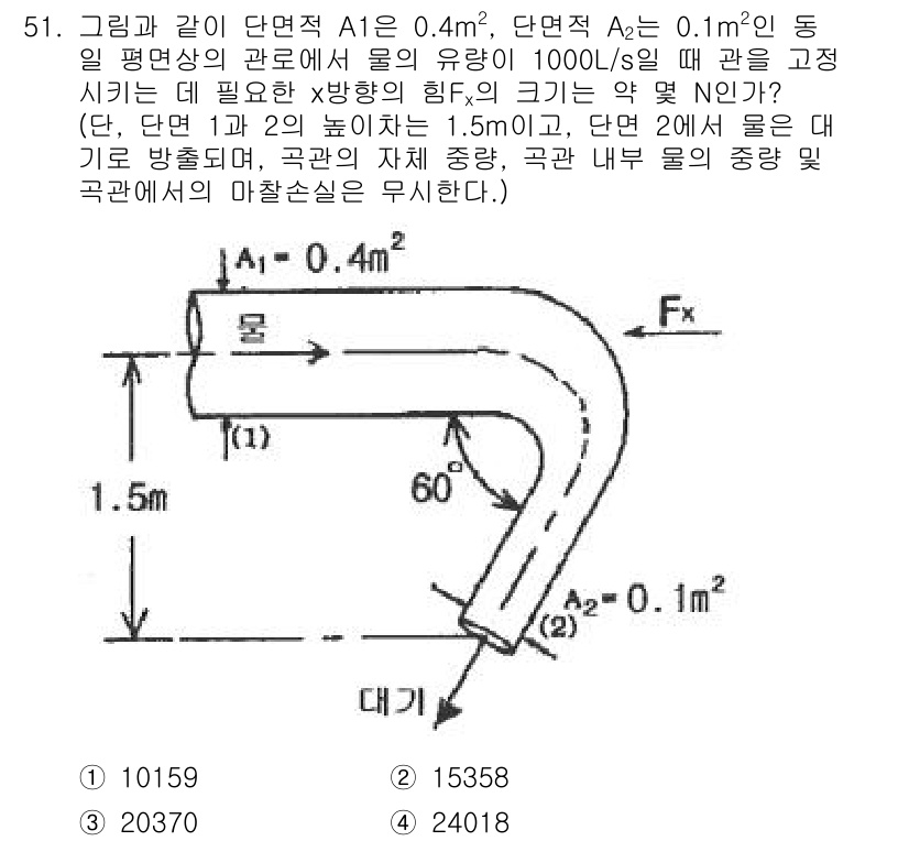 일반기계기사 2021년 51번 - 이 문제는 유체의 연속 방정식과 베르누이 방정식을 활용해 풀이할 수 있습... 에 관한 핵심 기출문제