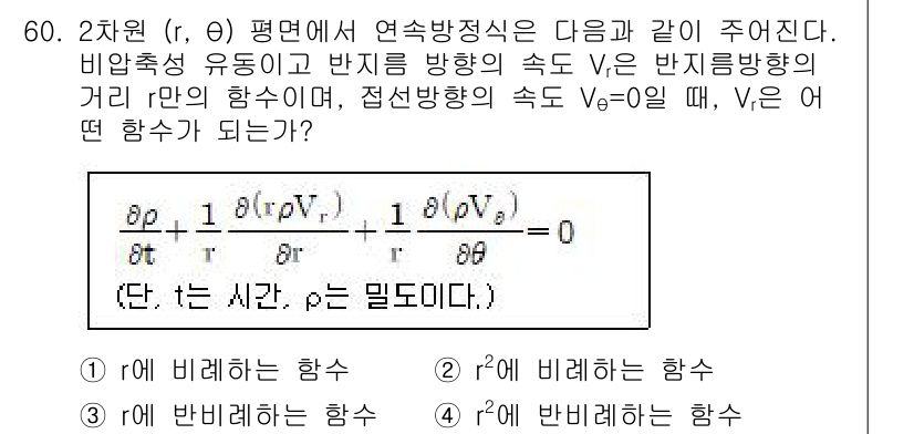 일반기계기사 2021년 60번 - 주어진 식에서의 접선 방향 속도 \( V_θ \)가 0일 때, 이는 불균... 에 관한 핵심 기출문제