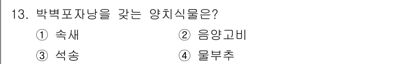 생물분류기사(동물) 2021년 13번 - 정답은 2번 음양고비입니다. 음양고비는 박편표사냥의 대표적인 양치식물로,... 에 관한 핵심 기출문제