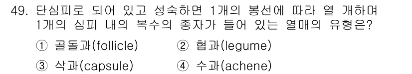 생물분류기사(동물) 2021년 49번 - . 골돌과(follicle)

골돌과는 단심피이며, 성숙 과정에서 하나의... 에 관한 핵심 기출문제