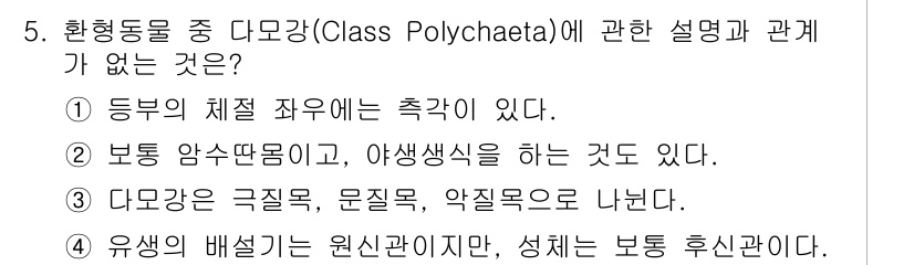 생물분류기사(동물) 2021년 5번 - 다모강(Polychaeta)은 주로 해양에 서식하며, 이들은 일반적으로 ... 에 관한 핵심 기출문제