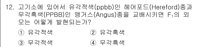 축산기사 2021년 12번 - 정답은 4번 "무각흑색"입니다. Hereford 종과 Angus 종은 모... 에 관한 핵심 기출문제