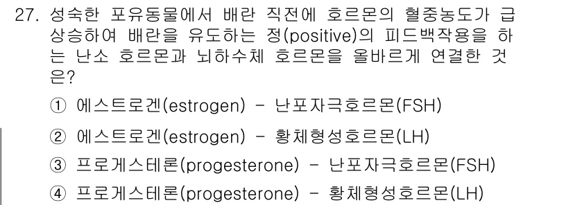 축산기사 2021년 27번 - 에스트로겐은 난포자극호르몬(FSH)과 관련이 있으며, 성장과 발달을 촉진... 에 관한 핵심 기출문제