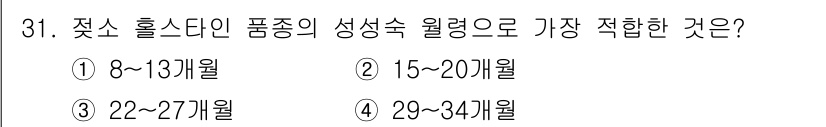 축산기사 2021년 31번 - 정답은 ① 8~13개월입니다. 제초 홀스타인 품종의 성숙은 일반적으로 이... 에 관한 핵심 기출문제