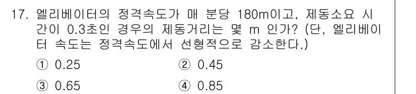 승강기기사 2021년 17번 - 엘리베이터의 속도가 180m이므로, 0.3초 동안 이동 가능한 거리는 속... 에 관한 핵심 기출문제
