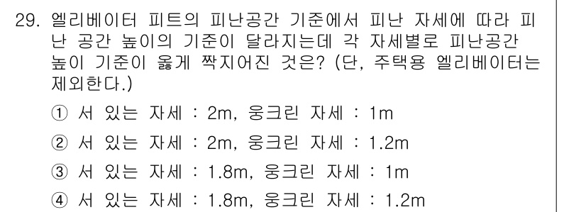 승강기기사 2021년 29번 - 엘리베이터의 피난 공간은 피난 시 필요한 안전 거리를 고려해야 하며, 각... 에 관한 핵심 기출문제