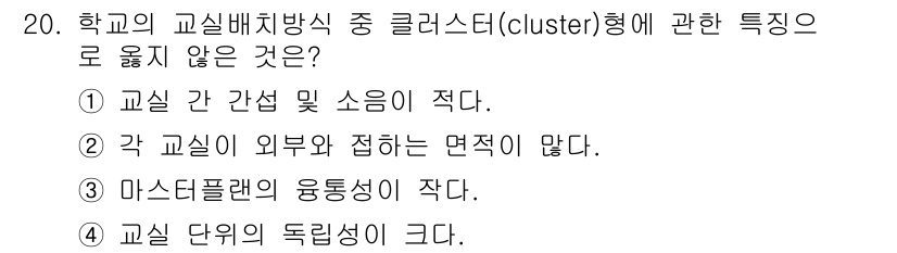 건축설비기사 2021년 20번 - .  

클러스터형 학교 배치 방식은 교실 간 간섭이 적고, 외부와의 접... 에 관한 핵심 기출문제