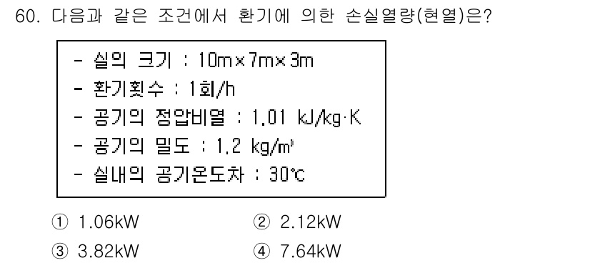 건축설비기사 2021년 60번 - 올바른 계산을 위해서는 손실열량을 다음의 공식으로 구해야 합니다:

\[... 에 관한 핵심 기출문제