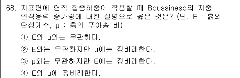 건설재료시험기사 2021년 69번 - Boussinesq의 지지 연직 중량 증가는 지반의 응력 분포에 관한 설... 에 관한 핵심 기출문제