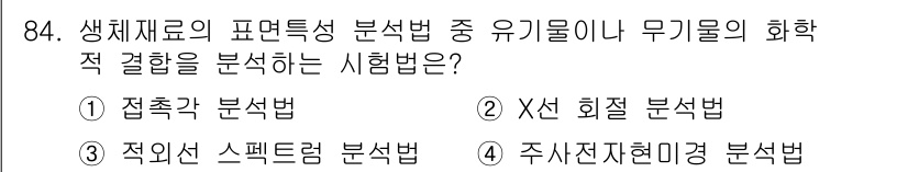 의공기사 2021년 84번 - 3번 "적외선 스펙트럼 분석법"은 유기물의 화학적 결합을 분석하기 위해 ... 에 관한 핵심 기출문제