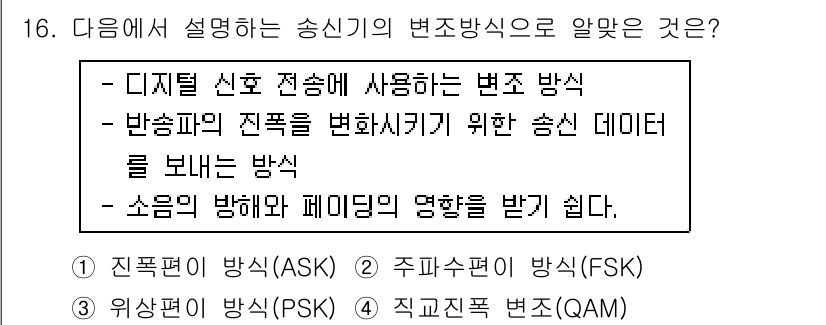 무선설비기능사 2021년 16번 - . ASK (Amplitude Shift Keying)

ASK는 디지털... 에 관한 핵심 기출문제
