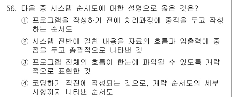 무선설비기능사 2021년 56번 - . 

설명: 프로그램 작성 이전에 처리 과정에 중점을 두고 순서를 작성... 에 관한 핵심 기출문제