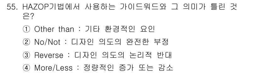 건설안전기사 2021년 55번 - HAZOP 기법에서 사용하는 "Other than"은 특정 조건을 제외한... 에 관한 핵심 기출문제
