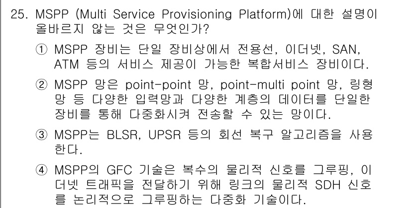 네트워크관리사_1급 2021년 25번 - MSPP(Multi Service Provisioning Platform... 에 관한 핵심 기출문제