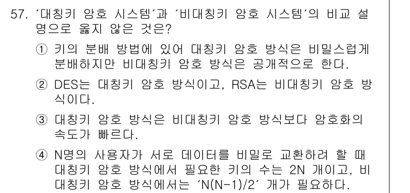 네트워크관리사_1급 2021년 57번 - 정답 4번은 N의 사용자 수가 많을수록 데이터를 비밀로 교환하기 위해 대... 에 관한 핵심 기출문제