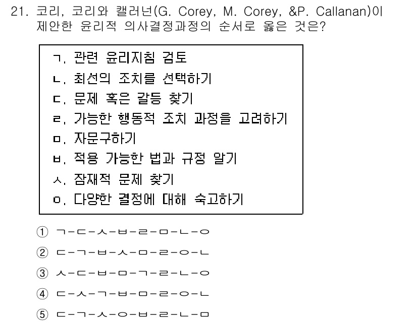 청소년상담사_1급(1교시) 2021년 21번 - 정답 4번은 윤리적 의사결정과정에서 여러 대안을 고려하고 최선의 선택을 ... 에 관한 핵심 기출문제