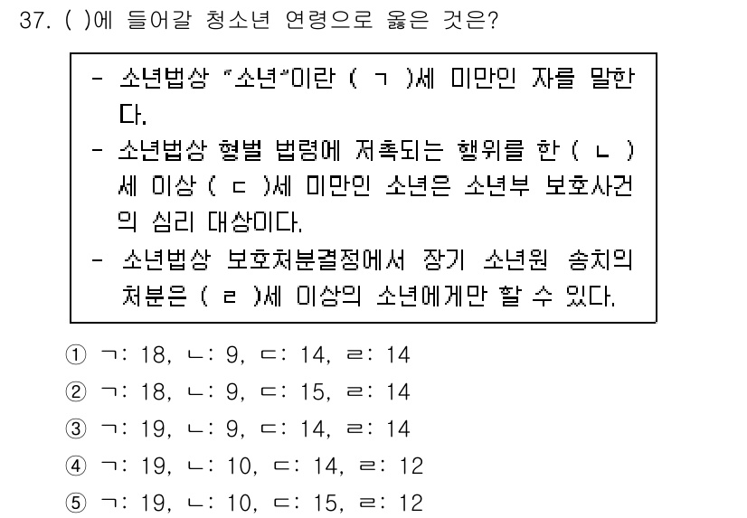 청소년상담사_1급(1교시) 2021년 37번 - 소년법에 따라 '소년'의 기준은 만 18세 미만으로 정의됩니다. 이 법에... 에 관한 핵심 기출문제