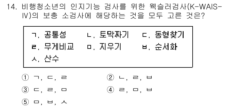 청소년상담사_1급(2교시)(구) 2021년 14번 - 정답 4번의 항목인 '무게비교'와 '지우기'는 웩슬러 아동 지능 척도에서... 에 관한 핵심 기출문제